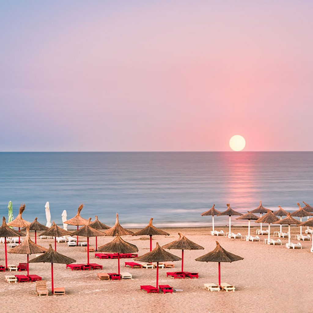 Clear sky sunrise over a sandy Black Sea beach