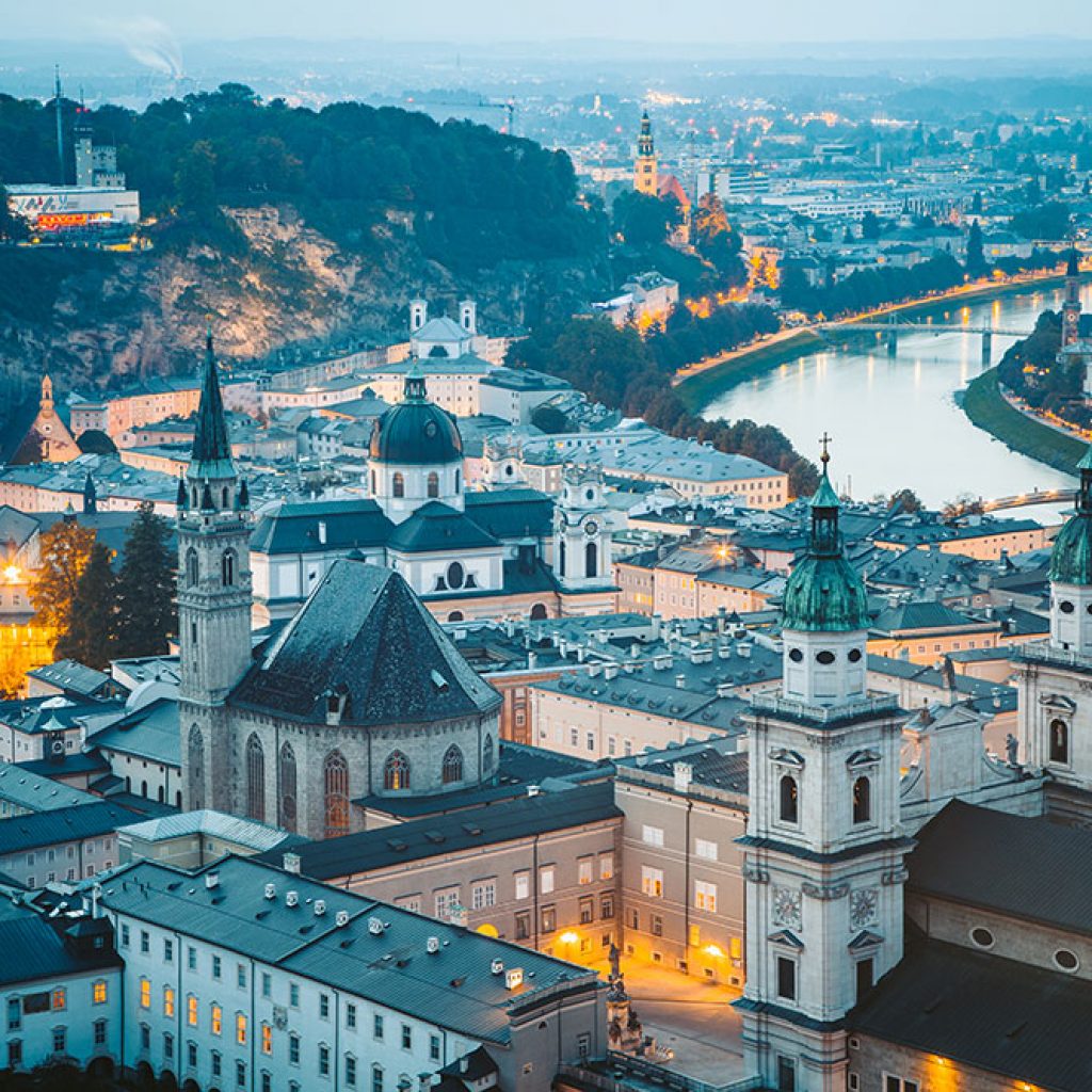 Historic city of Salzburg at twilight