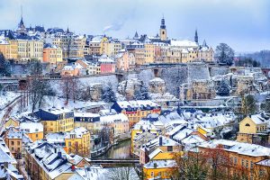 Luxembourg city snow white in winter,
