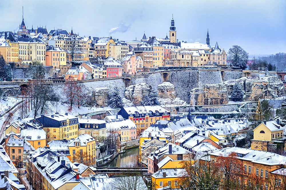 Luxembourg city snow white in winter