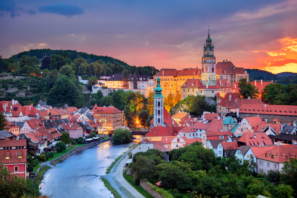 Cesky Krumlov, Czech Republic during summer sunset.