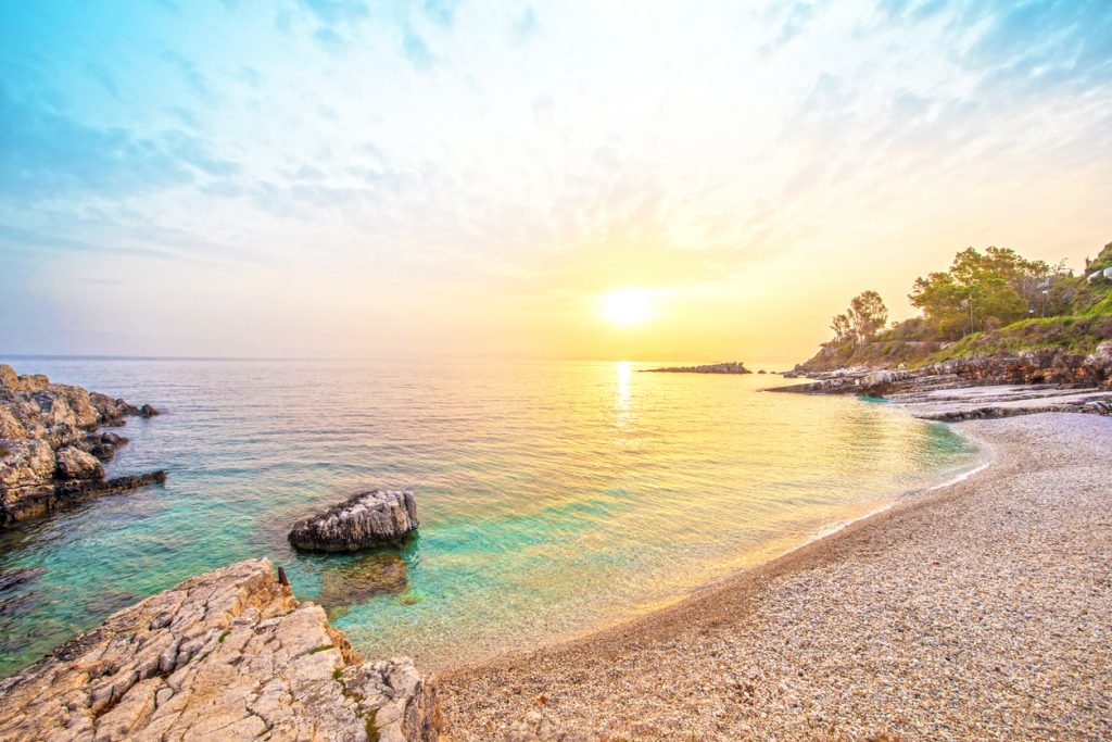 Fabulous beautiful magic landscape with stone at dawn on Bataria Beach on the coast of the Ionian Sea in Corfu