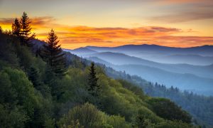 Great Smoky Mountains National Park Scenic Sunrise Landscape at Oconaluftee Overlook between Cherokee NC and Gatlinburg TN