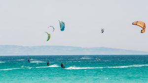 Kite surfing in Tarifa, Spain. Tarifa is the most popular places in Spain for kitesurfing.