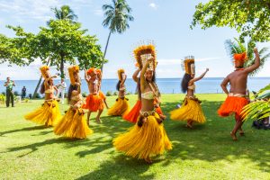 Polynesian women perform traditional dance in Tahiti Papeete, French Polynesia