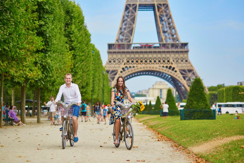 Romantic couple in Paris on a summer day