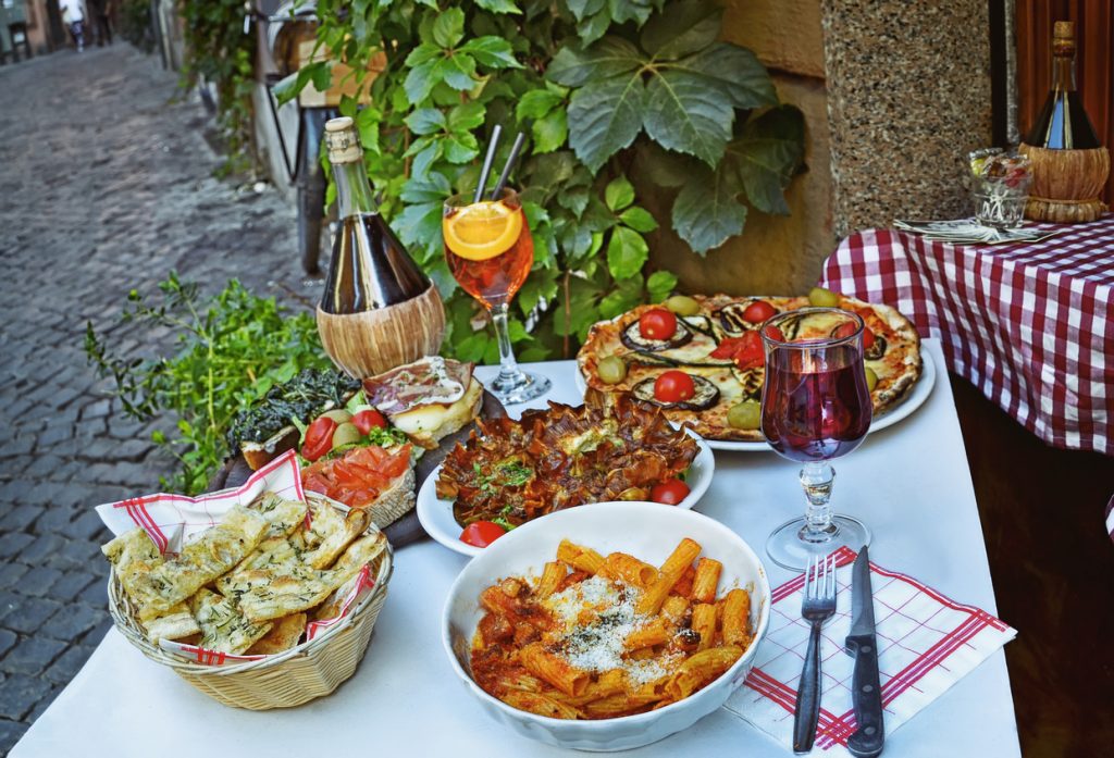 traditional italian food in outdoor restaurant