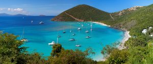 Panoramic view of tropical shoreline in British Virgin Island