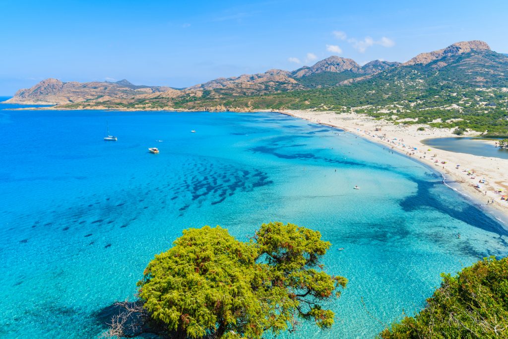  View of Ostriconi beach with beautiful sea lagoon, Corsica island, France 