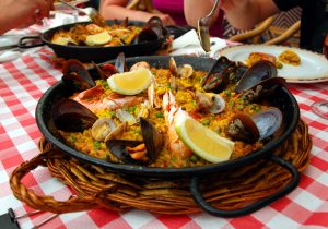 Spanish paella with seafood in a pan