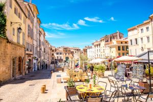 Cardeurs square with cafes and restaurants in the old town of Aix-en-Provence city on the south of France.