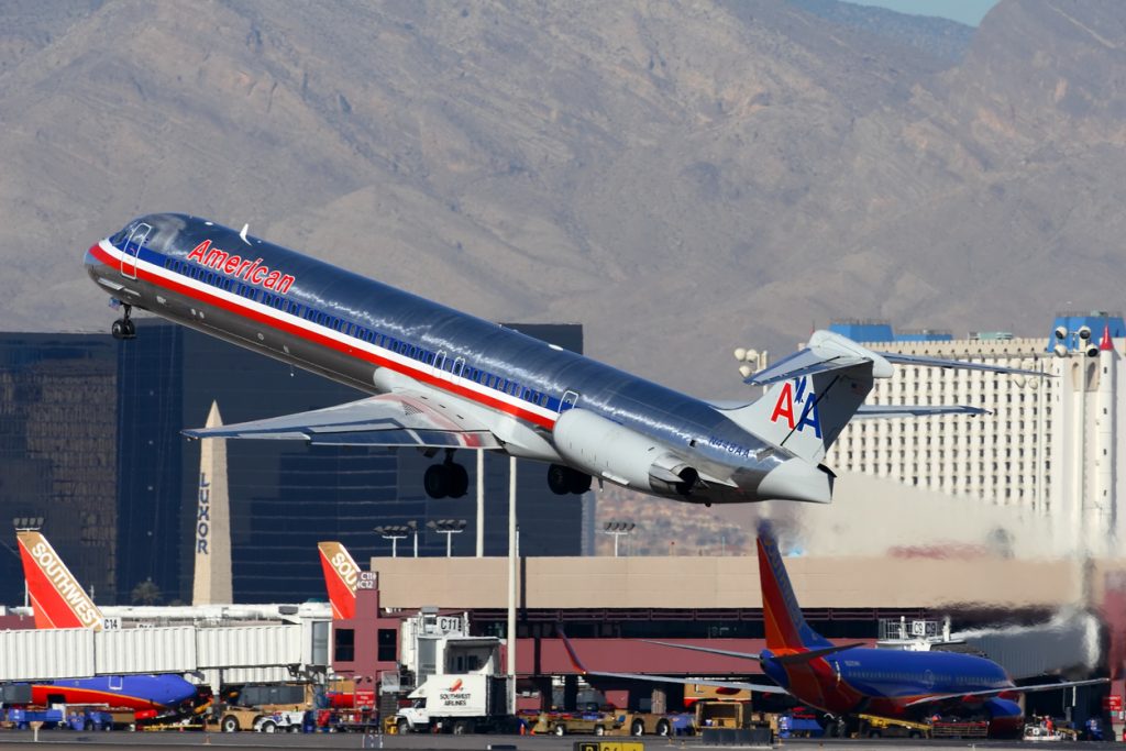 An American Airlines MD-80 departs Las Vagas - McCarran International Airport.