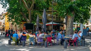 Cafe and restaurants in the ancient city of Arles in Provence in the south of France