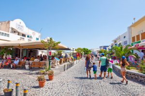 Fira street on the island of Santorini, Greece.