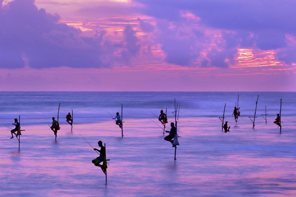 Fishermen on stilts in the silhouette at sunset in Galle, Sri Lanka 