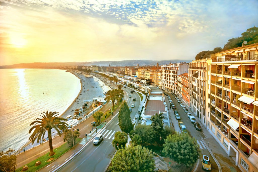 Promenade des Anglais in Nice at sunset. Cote d'Azur, France