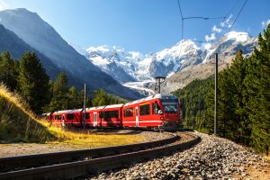 Swiss train in the Alps mountains in Switzerland