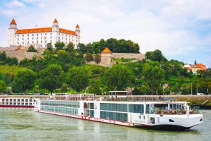 Cityscape of Bratislava with river cruise boat