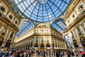 The Galleria Vittorio Emanuele II on the Piazza del Duomo in central Milan. This gallery is one of the world's oldest shopping malls.