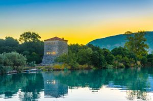 The Venetian Tower of Butrint, Archaeological Site and National park at sunrise, Albania. This Archeological site is World Heritage Site by UNESCO.