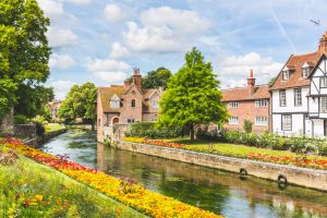 View of the River Stour and typical houses and buildings in Canterbury