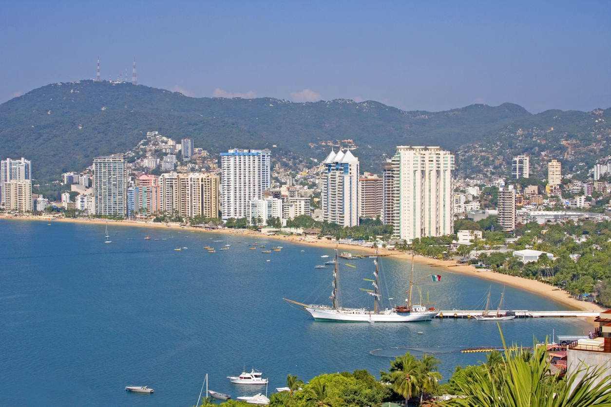 Acapulco beachfront showing the hotels front, Mexico