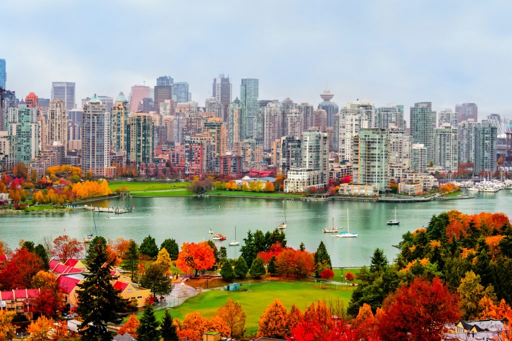 Colorful autumn landscape of a modern city by the river