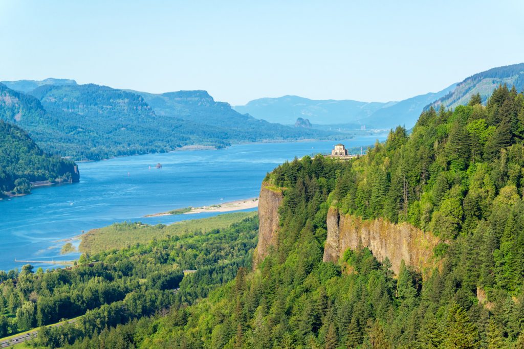 Looking down the Columbia River Gorge with Vista House visible on the hill