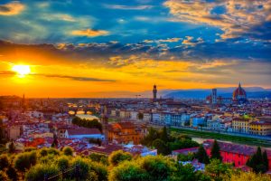 Florence seen from Michelangelo square: Arno River, Palazzo Vecchio, Duomo at Sunset