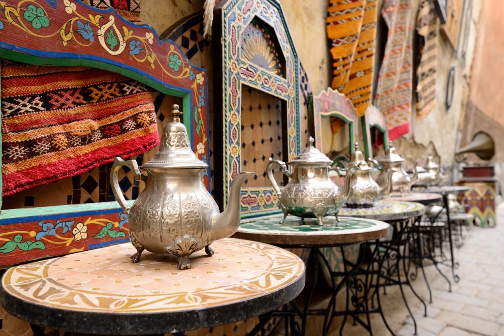 Decorative elements on the souk (market) in the old town, Medina in Morocco. Jug for brewing the tea.