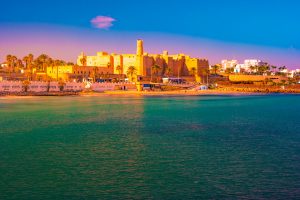 Monastir in Tunisia is an ancient city and popular tourist destination with a beach on the Mediterranean Sea.