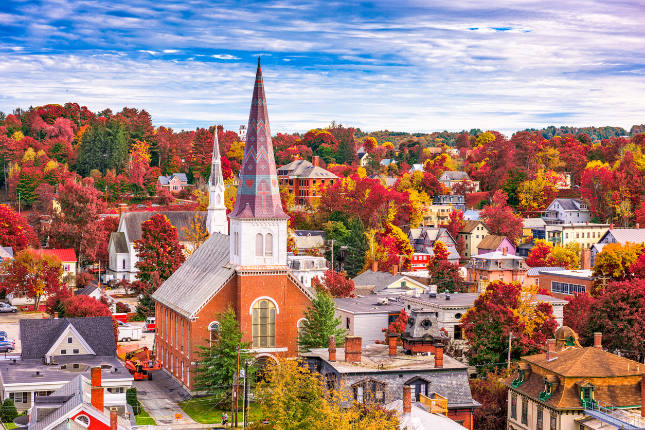 Montpelier, Vermont, town skyline in autumn.