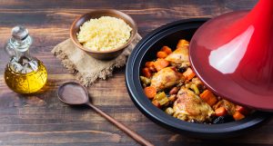 Tagine with cooked chicken and vegetables