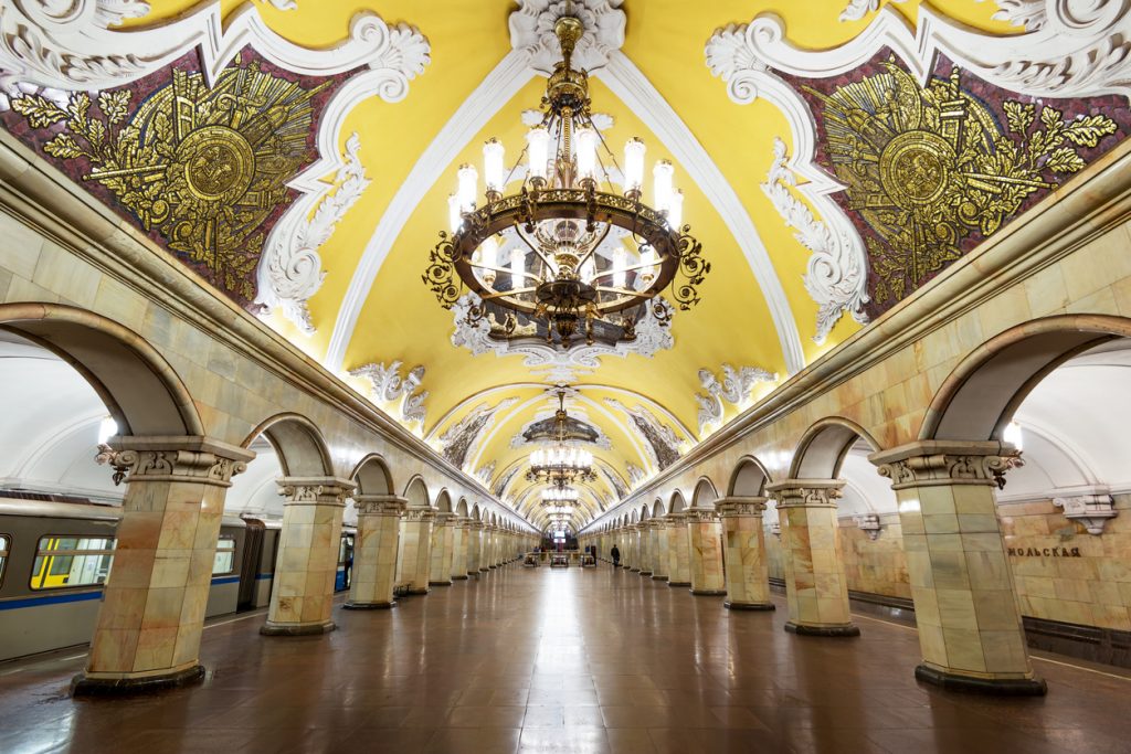 Metro station Komsomolskaya is a great monument of the Soviet era.
