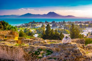 View from hill Byrsa with ancient remains of Carthage and landscape. Tunisia.