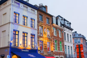 Christmas decorations on shops selling Belgian chocolate and beer in Place du Grand Sablon in Brussels, Belgium