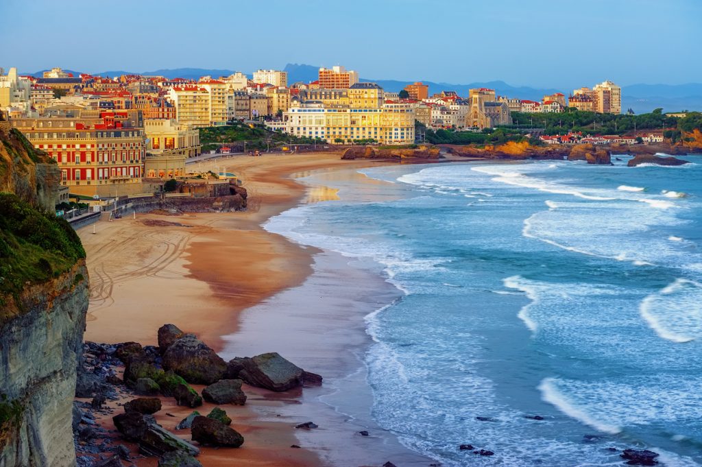 Biarritz city and its famous sand beaches - Miramar and La Grande Plage, Bay of Biscay, Atlantic coast, France