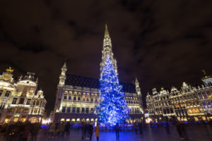 Grote market place on a Christmas evening in Brussels, Belgium