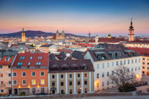 Aerial cityscape image of Linz, Austria during sunset.