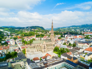 New Cathedral or Cathedral of the Immaculate Conception or St. Mary Church aerial panoramic view. It is a Roman Catholic cathedral located in Linz, Austria.