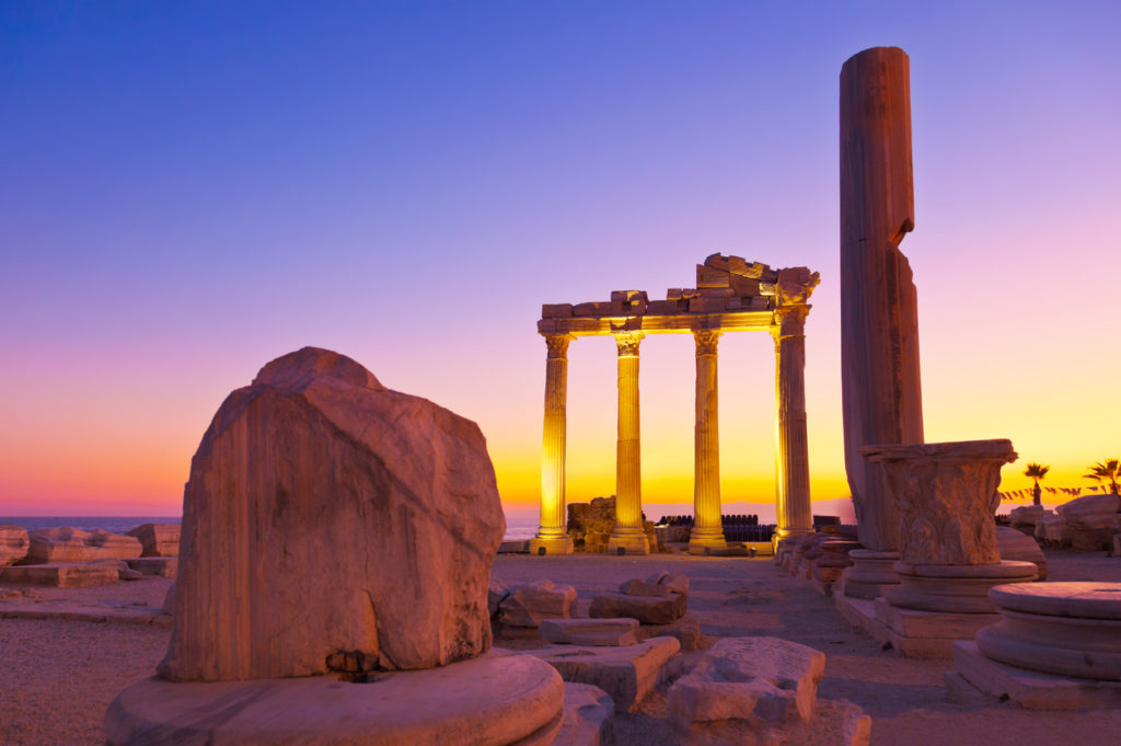 Old ruins in Side, Turkey at sunset