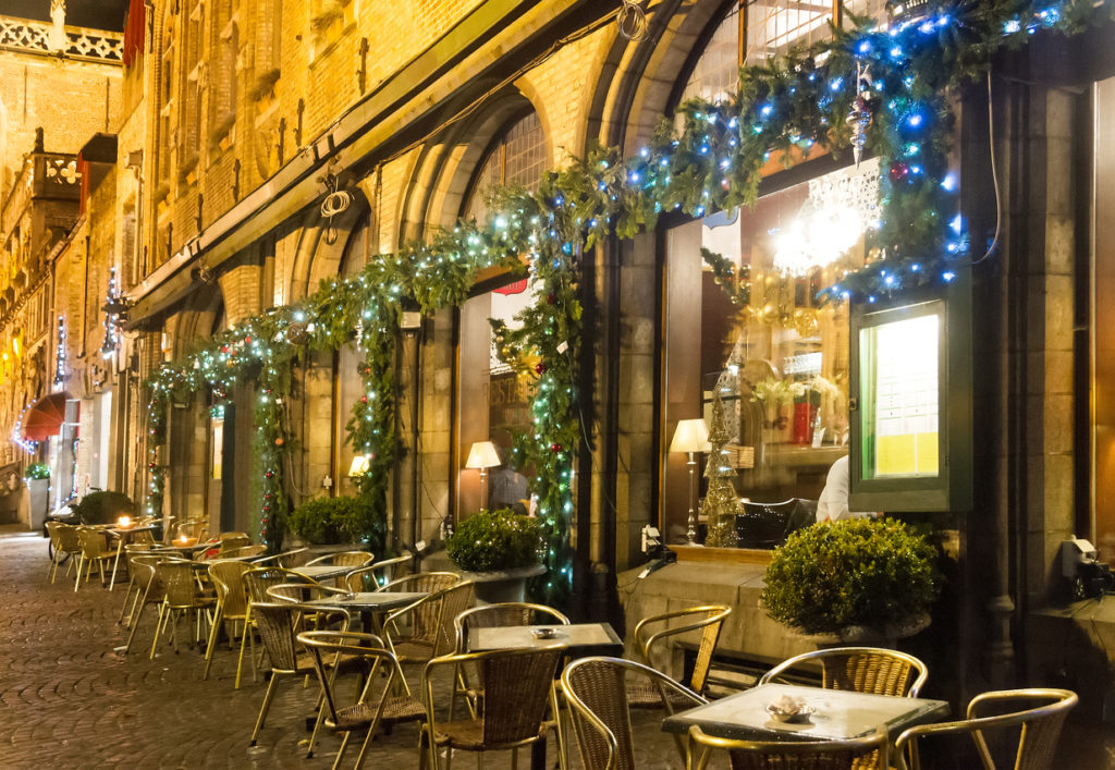 One of the many cafes of Bruges, decorated for Christmas