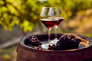 Two glasses of red wine on a wooden barrel in the vineyard