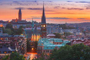 Scenic aerial view of the Old Town with Oscar Fredrik Church in the gorgeous sunset, Gothenburg, Sweden.