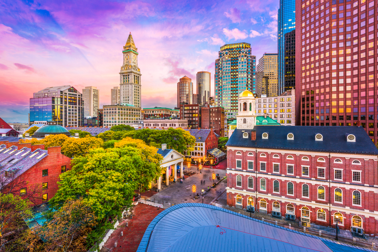 Boston, Massachusetts, USA historic skyline at dusk.