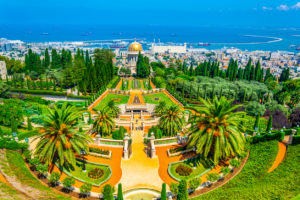 Aerial view of Bahai gardens in Haifa, Israel