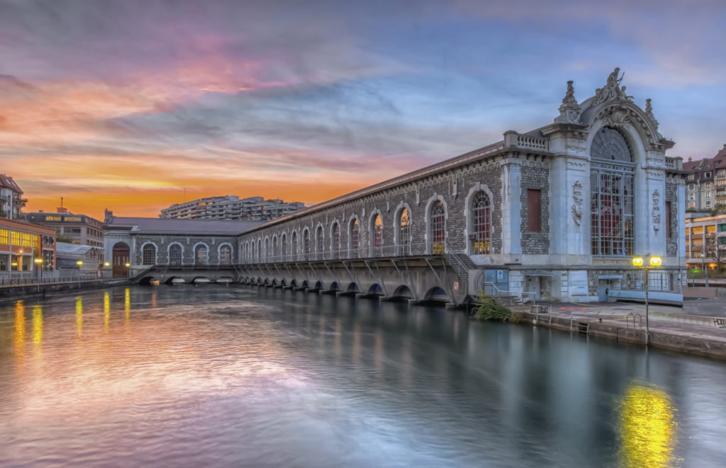 Batiment des Forces-Motrices by sunset, Geneva, Switzerland