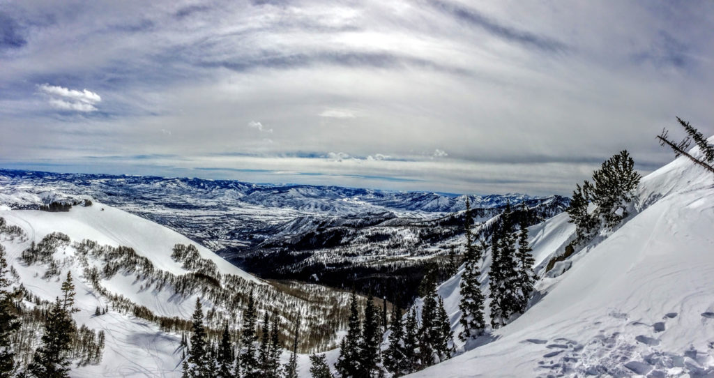 Winter Panoramic view of the back of the Wasatch Mountains Utah from the top of Brighton Ski Resort in the Rocky Mountains
