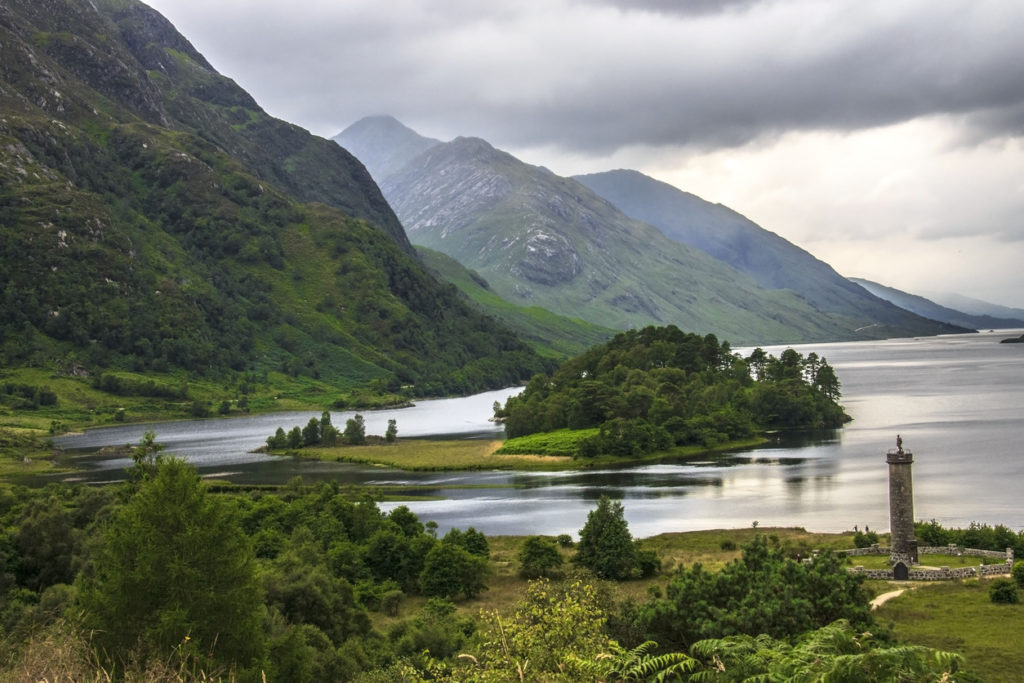 Glenfinnan Monument at the edge of Loch Shiel. Scottish Highlands.