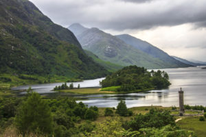 Glenfinnan Monument at the edge of Loch Shiel. Scottish Highlands.